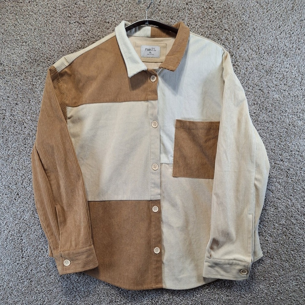 rue21 Shacket XL Multicolor Corduroy Colorblock Button Up Long Sleeve Preppy
